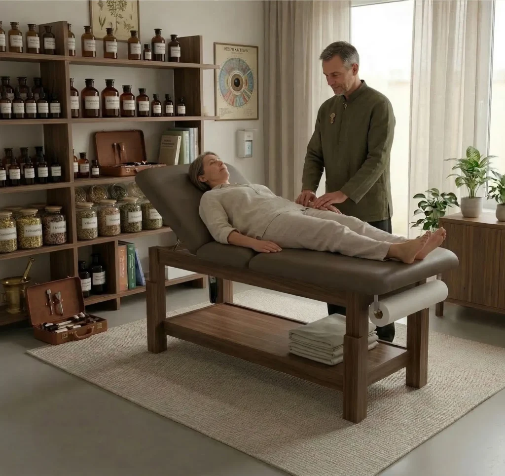 Klient beim Heilpraktiker auf der Liege.