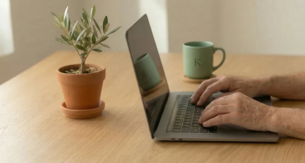 Laptop, Tasse Tee und ein Salbeibäumchen im Topf.