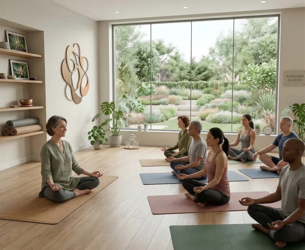 Yogalehrerin mit Yogaschülern bei der Meditation.